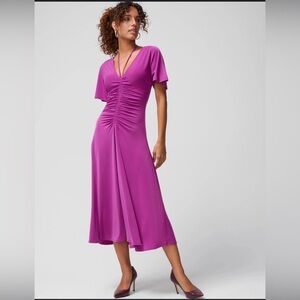 WHBM Elegant Purple Short Sleeve Ruched Front Midi Dress Size Large